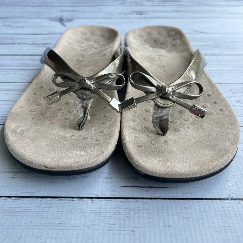 Vionic Pewter Metallic Orthotic Bow Flip Flop Comfort Sandals Womens 7